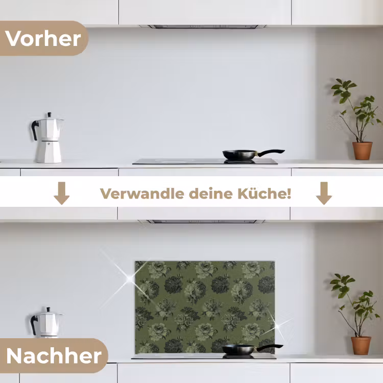 Klassiek - botanisch - olijfgroen - bloemen keuken achterwand spatscherm klein 900 -voor_na_DE