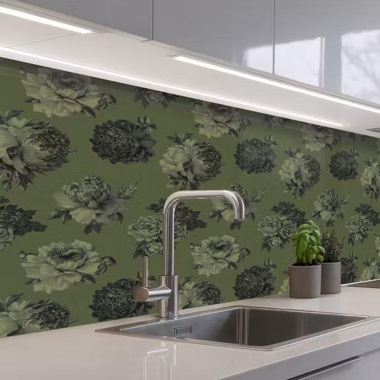 Klassiek - botanisch - olijfgroen - bloemen keuken achterwand 2 middel 871 -3d_schuin