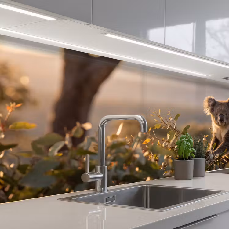 Koala - Bladeren - Ochtendlicht keuken achterwand 2 middel -3d_schuin