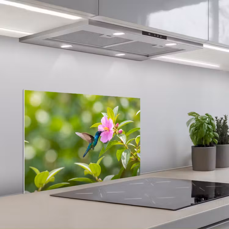 Kolibrie - Bloem - Natuur - Groen keuken achterwand spatscherm klein -3d_schuin
