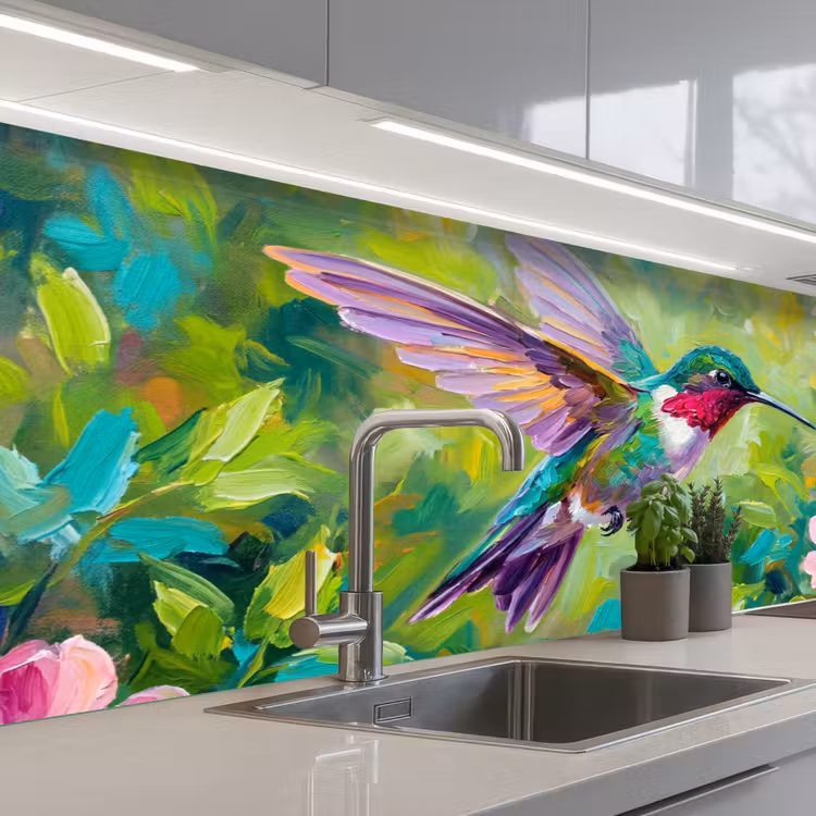 Kolibrie - Bloemen - Natuur - Kleurrijk keuken achterwand 2 middel -3d_schuin