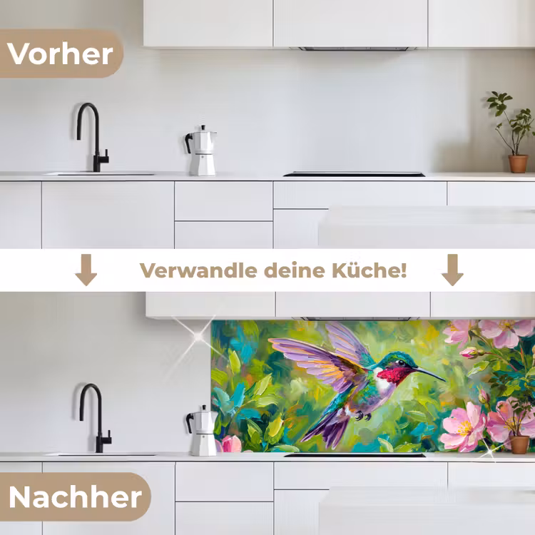 Kolibrie - Bloemen - Natuur - Kleurrijk keuken achterwand 2 middel -voor-na_DE