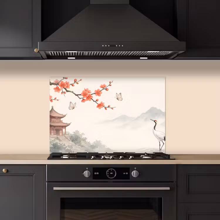 Kraanvogel - Azië - Klassiek keuken achterwand spatscherm klein -sfeer1