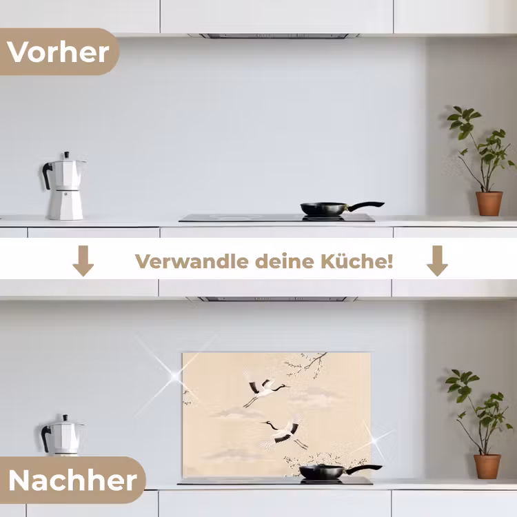 Kraanvogels - Bloesem - Beige keuken achterwand spatscherm klein -voor_na_DE