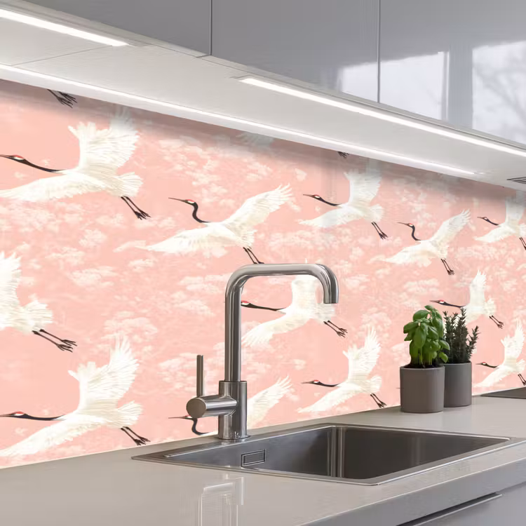 Kraanvogels - Bloesem - Roze keuken achterwand 2 middel 871 -3d_schuin