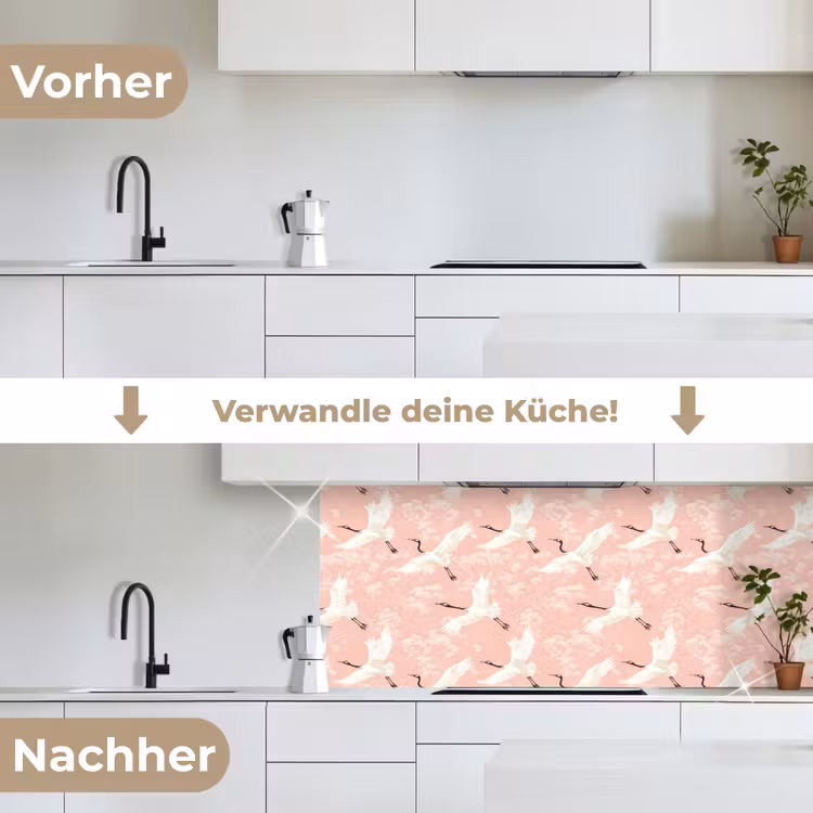 Kraanvogels - Bloesem - Roze keuken achterwand 2 middel 871 -voor-na_DE