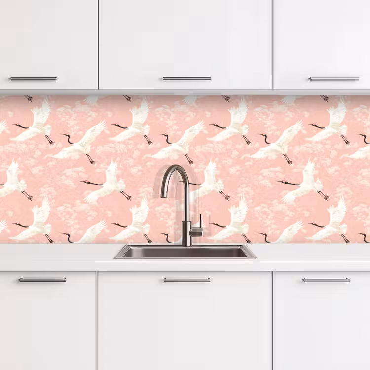 Kraanvogels - Bloesem - Roze keuken achterwand 2 middel 871 -3d