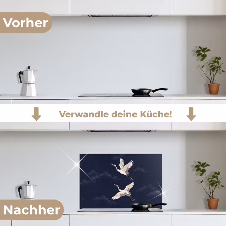 Kraanvogels - Nachthemel - Blauw keuken achterwand spatscherm klein -voor_na_DE
