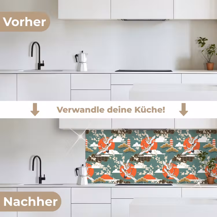 Kraanvogel - Sakura - Zon - Patronen keuken achterwand 2 middel 871 -voor-na_DE