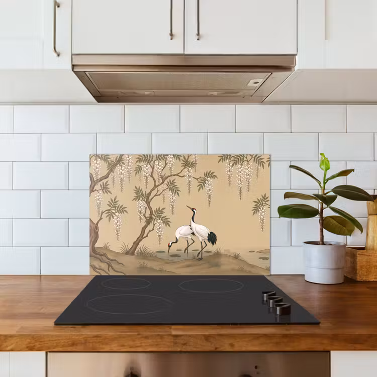 Kraanvogels - Water - Beige keuken achterwand spatscherm klein -sfeer2