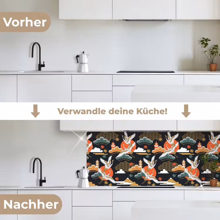 Kraanvogel - Wolken - Japan - Patroon keuken achterwand 2 middel 871 -voor-na_DE