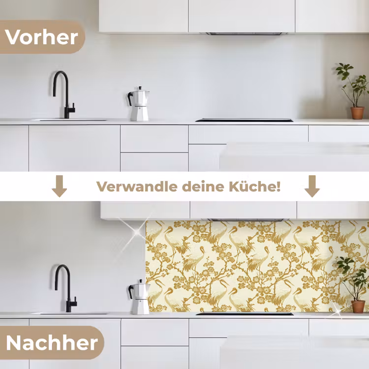 Kraanvogels - Kersenbloesem - Goud keuken achterwand 2 middel 871 -voor-na_DE