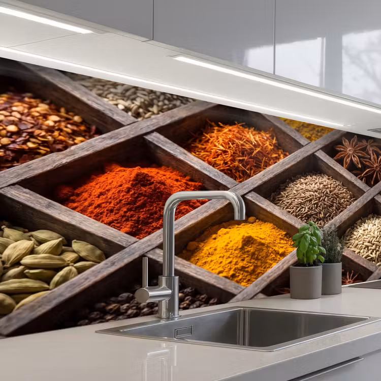 Küchenrückwand - Kräuter – Holz – Essen - Kruiden - Houten - Eten keuken achterwand 2 middel