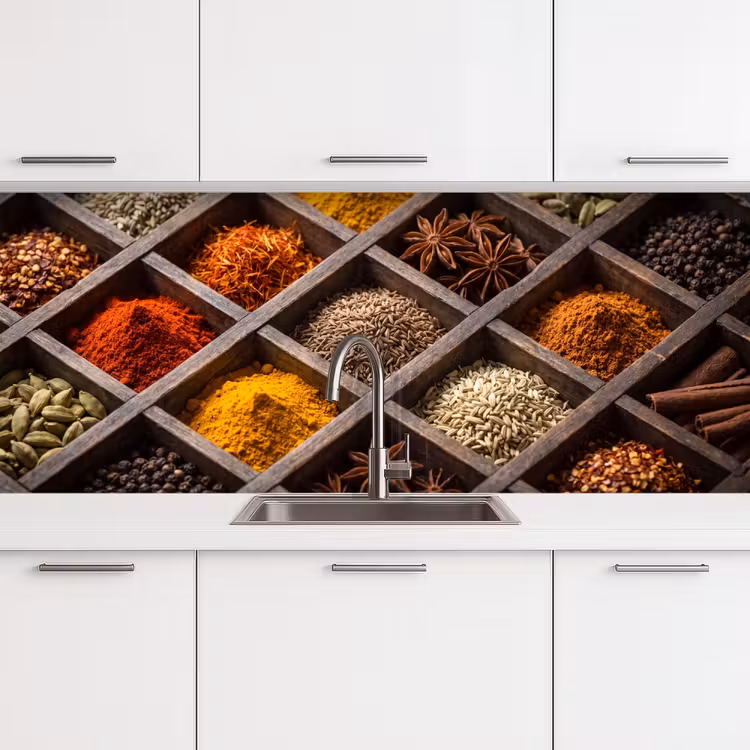 Küchenrückwand - Kräuter – Holz – Essen - Kruiden - Houten - Eten keuken achterwand 2 middel