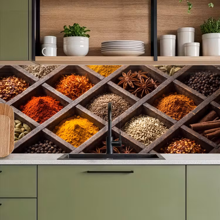 Küchenrückwand - Kräuter – Holz – Essen - Kruiden - Houten - Eten keuken achterwand 2 middel
