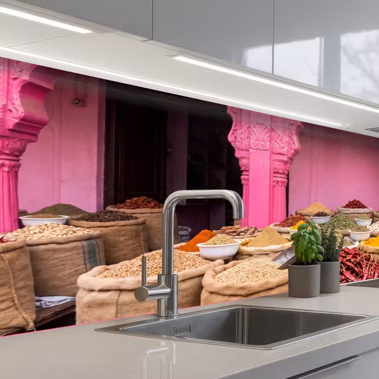 Küchenrückwand - Kräuter – Markt – Rosa - Kruiden - Markt - Roze keuken achterwand 2 middel