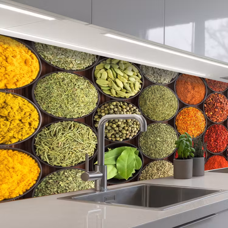 Kruiden - Schaaltjes - Kleurrijk - Textuur keuken achterwand 2 middel -3d_schuin