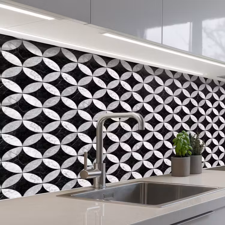 Cirkel - Tegels - Marmer - Zwart - Wit keuken achterwand 2 middel 871 -3d_schuin