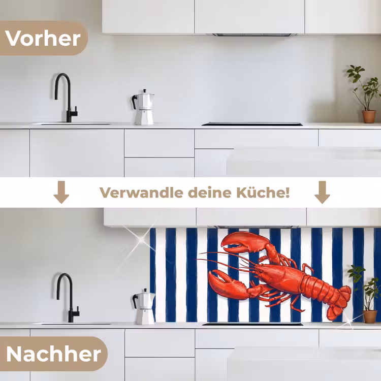 Schaaldier - Kreeft - Marine - Illustratie - Rood keuken achterwand 2 middel -voor-na_DE