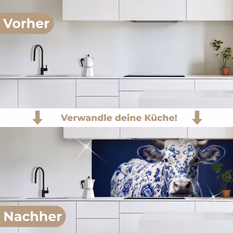 Koe - Delfts - Blauw - Artistiek keuken achterwand 2 middel -voor-na_DE