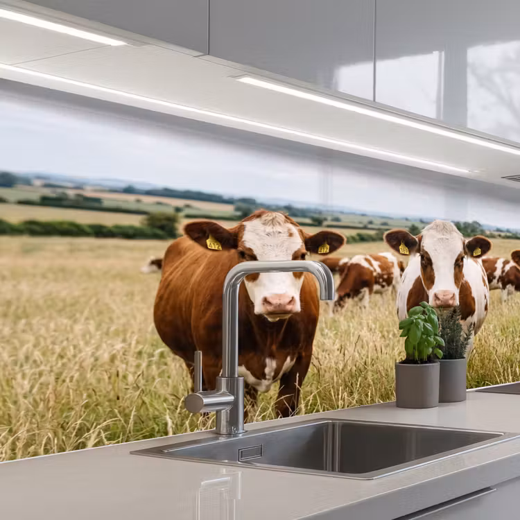 Koeien - Portret - Weide - Boerderij - Nieuwsgierig keuken achterwand 2 middel -3d_schuin