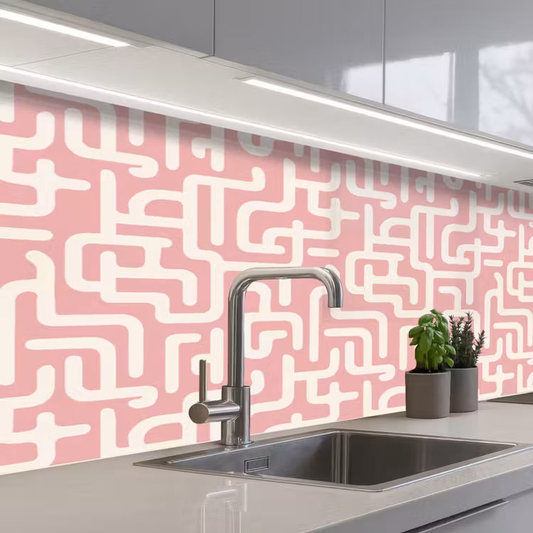 Doolhofpatroon - Roze - Wit - Abstract keuken achterwand 2 middel 871 -3d_schuin