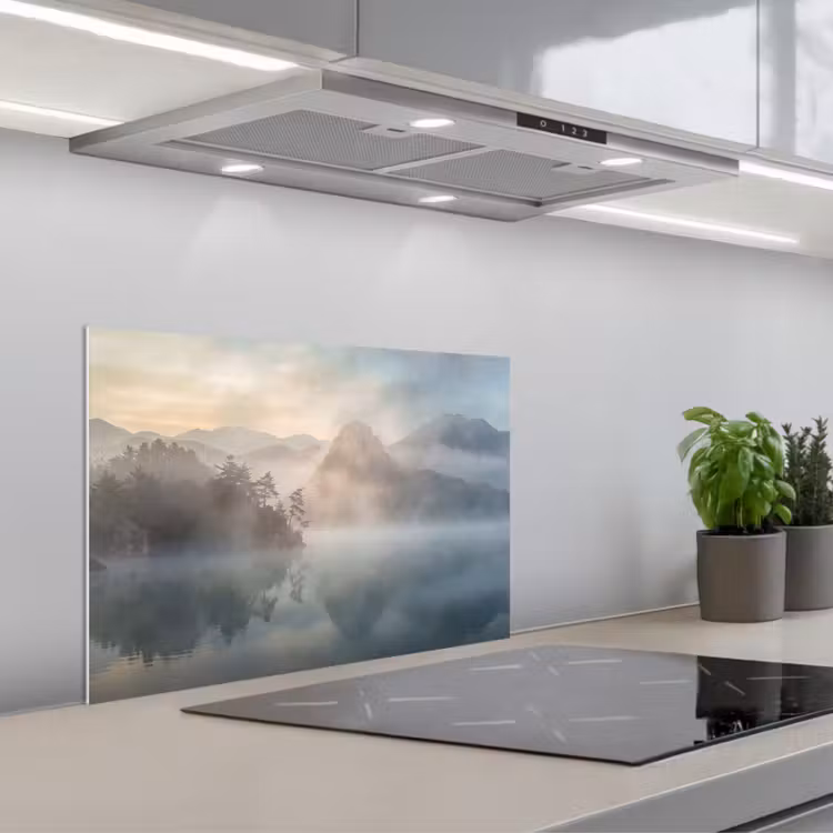 Landschap - Bergen - Mist - Water - Natuur keuken achterwand spatscherm klein -3d_schuin