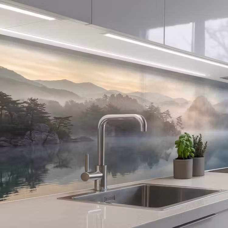 Landschap - Bergen - Mist - Water - Natuur keuken achterwand 2 middel -3d_schuin