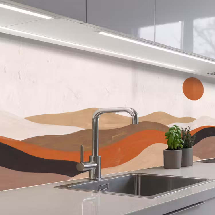 Landschap - Heuvels - Zon - Abstract - Oranje keuken achterwand 2 middel -3d_schuin