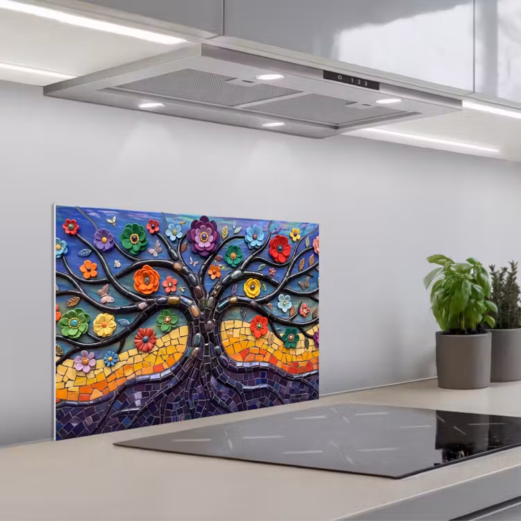 Levensboom - Mozaïek - Bloemen - Kleurrijk - Vrolijk keuken achterwand spatscherm klein -3d_schuin