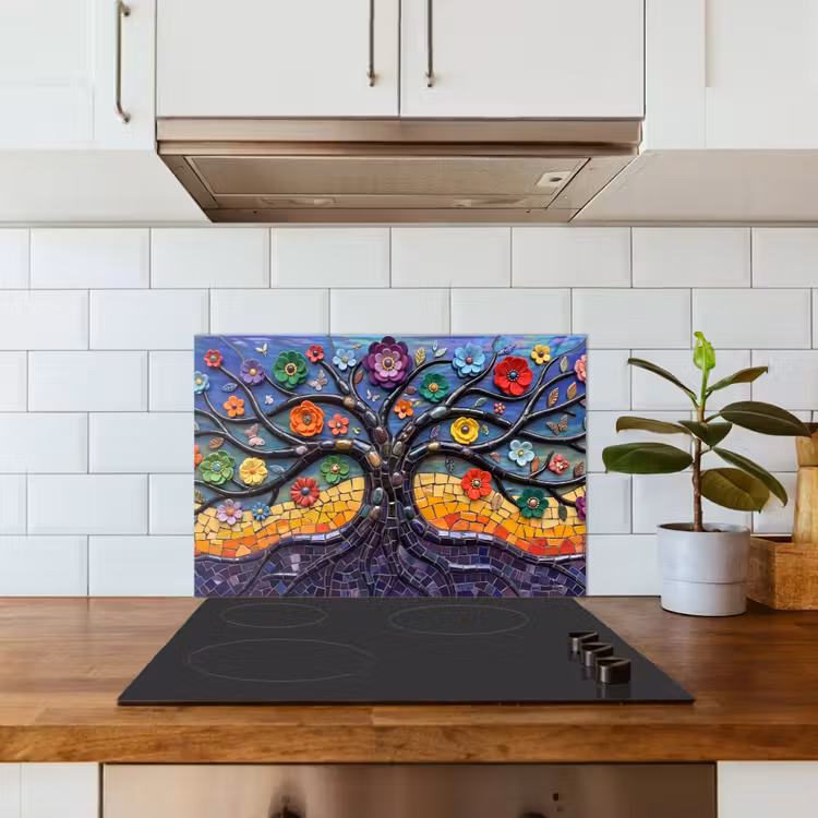 Levensboom - Mozaïek - Bloemen - Kleurrijk - Vrolijk keuken achterwand spatscherm klein -sfeer2