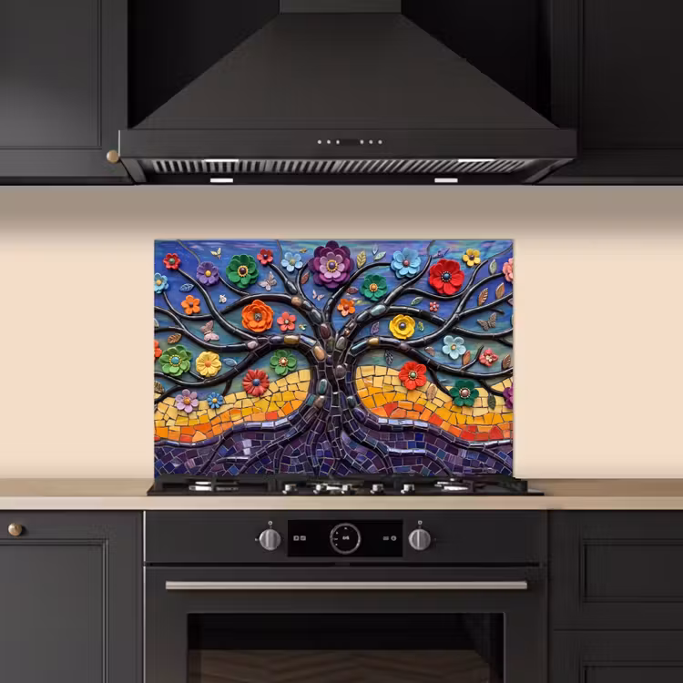 Levensboom - Mozaïek - Bloemen - Kleurrijk - Vrolijk keuken achterwand spatscherm klein -sfeer1
