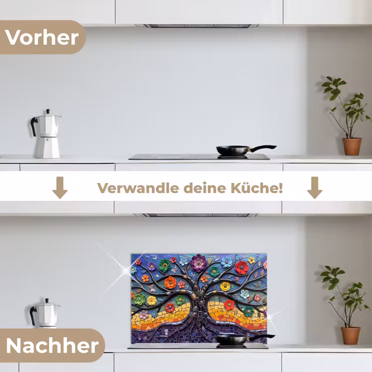 Levensboom - Mozaïek - Bloemen - Kleurrijk - Vrolijk keuken achterwand spatscherm klein -voor_na_DE