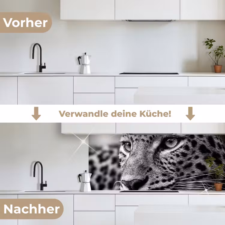 Luipaard - Zwart - Wit - Oog keuken achterwand 2 middel -voor-na_DE