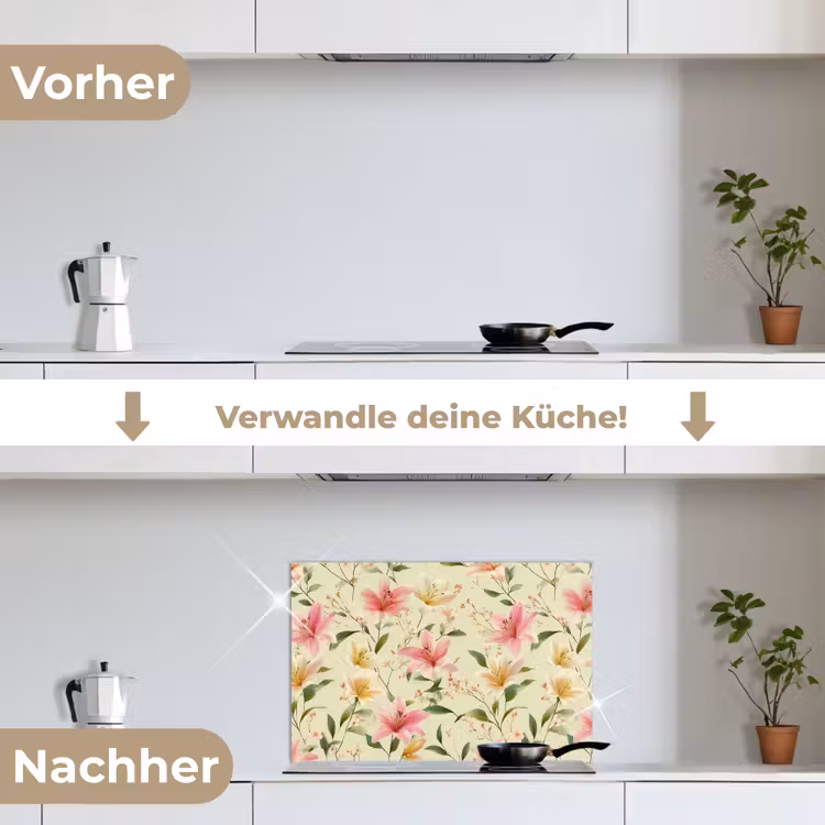 Lelies - Sereen - Kleurrijk keuken achterwand spatscherm klein 900 -voor_na_DE