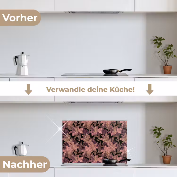 Lelies - Patroon - Paars - Goud keuken achterwand spatscherm klein 900 -voor_na_DE