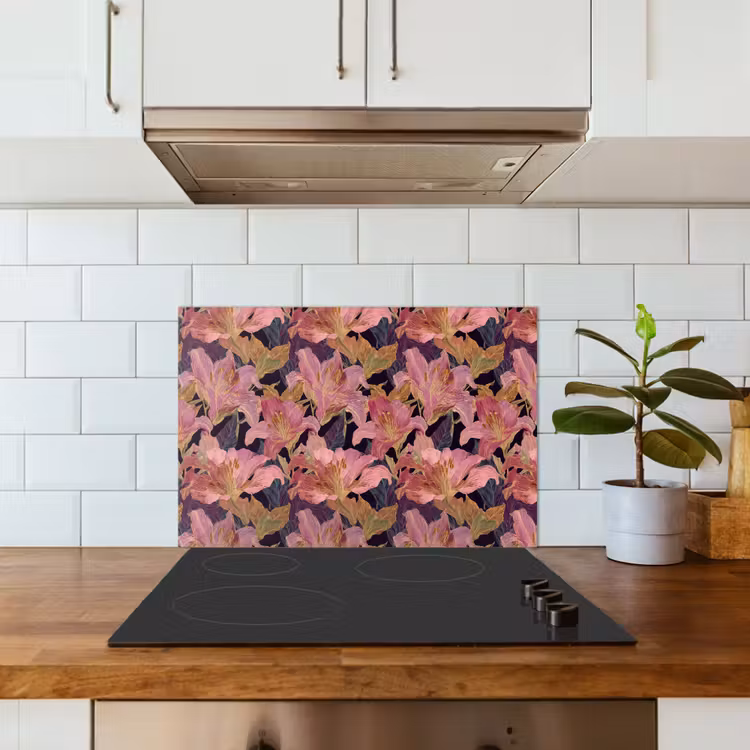 Lelies - Patroon - Roze - Goud keuken achterwand spatscherm klein 900 -sfeer2