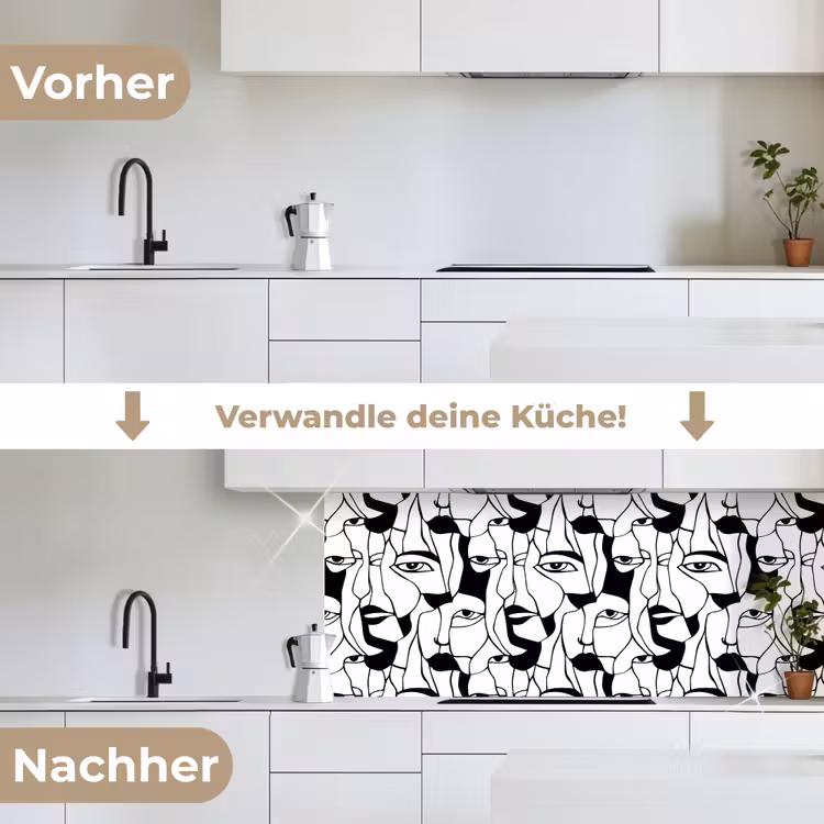 Lijnen - Gezichten - Zwart - Wit keuken achterwand 2 middel 871 -voor-na_DE