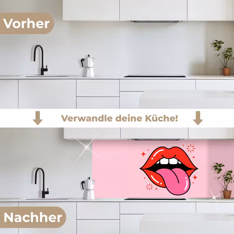 Lippen - Tong - Pop-art - Kleurrijk - Roze keuken achterwand 2 middel -voor-na_DE