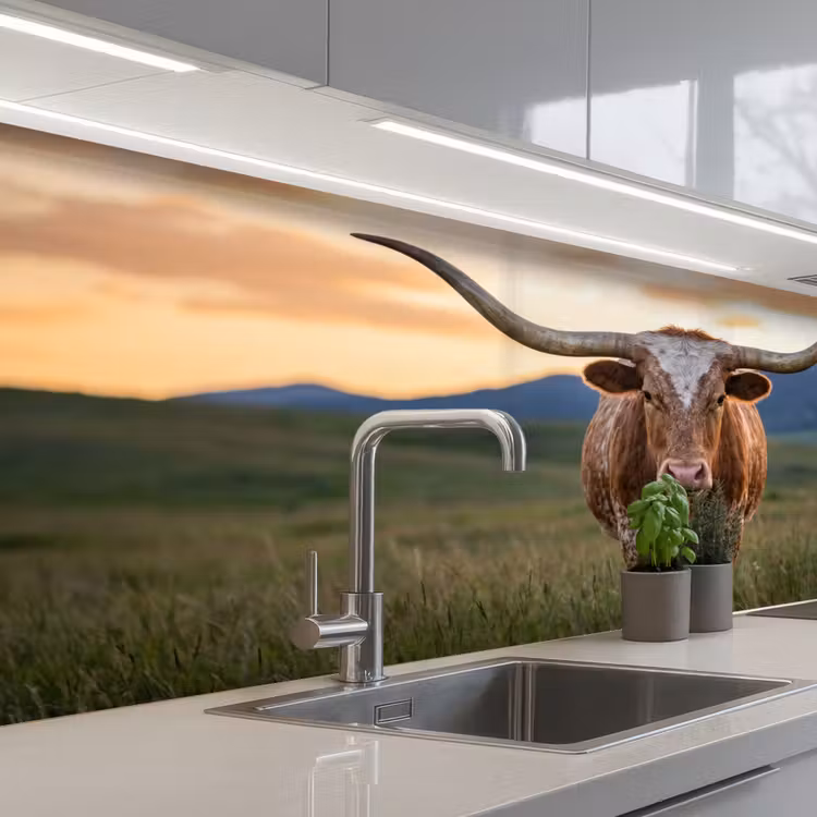 Longhorn - Landschap - Zonsondergang keuken achterwand 2 middel -3d_schuin