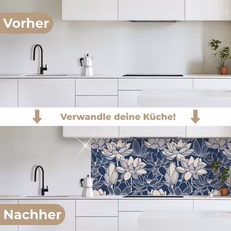 Lotus - Blauw - Patronen keuken achterwand 2 middel 871 -voor-na_DE