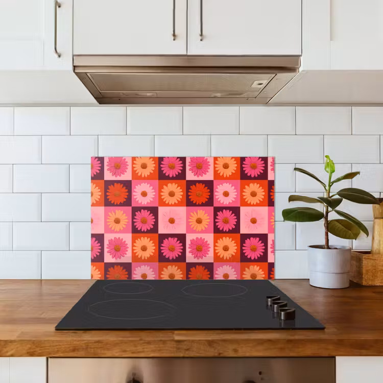 Madeliefjes - Dambord - Retro - Roze - Oranje keuken achterwand spatscherm klein 900 -sfeer2