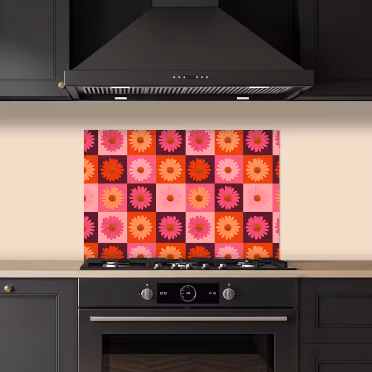 Madeliefjes - Dambord - Retro - Roze - Oranje keuken achterwand spatscherm klein 900 -sfeer1
