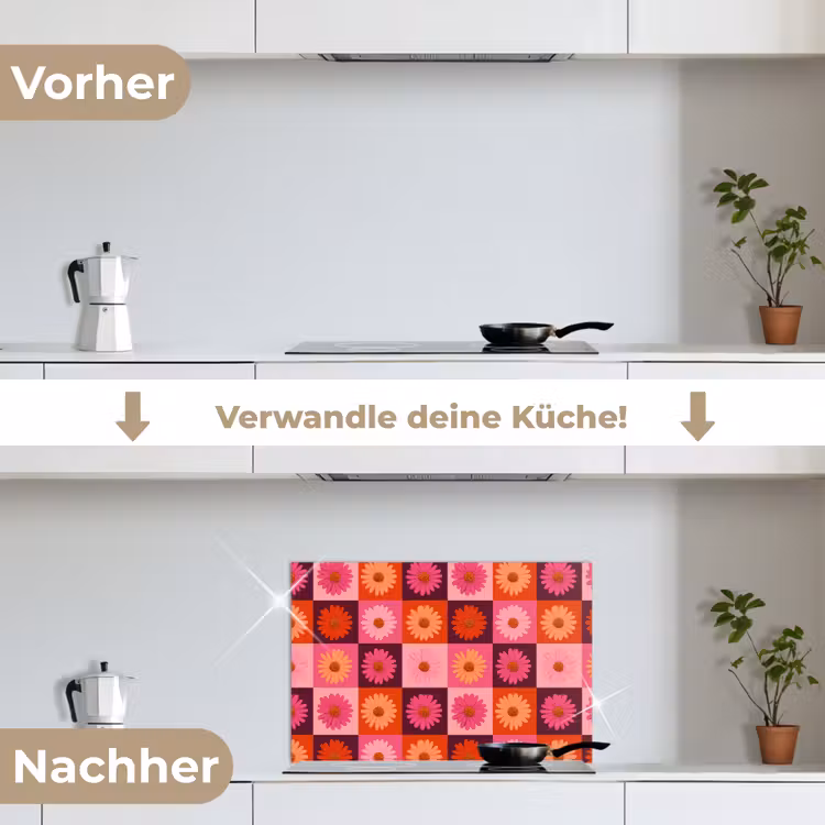 Madeliefjes - Dambord - Retro - Roze - Oranje keuken achterwand spatscherm klein 900 -voor_na_DE