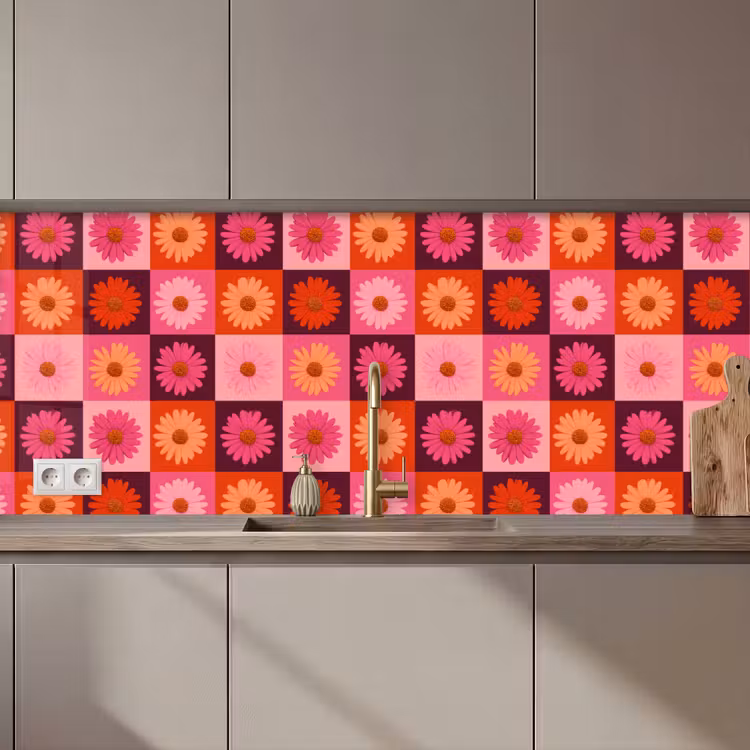 Madeliefjes - Dambord - Retro - Roze - Oranje keuken achterwand 2 middel 871 zz_3dshopping