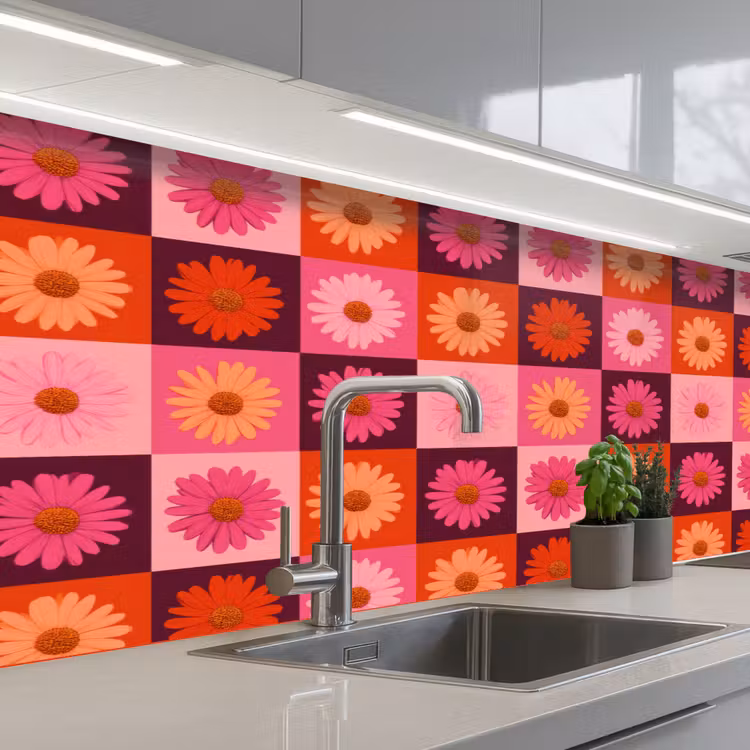 Madeliefjes - Dambord - Retro - Roze - Oranje keuken achterwand 2 middel 871 -3d_schuin