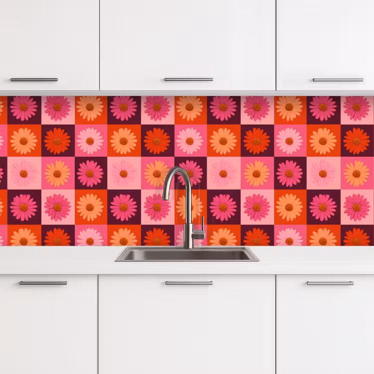 Madeliefjes - Dambord - Retro - Roze - Oranje keuken achterwand 2 middel 871 -3d