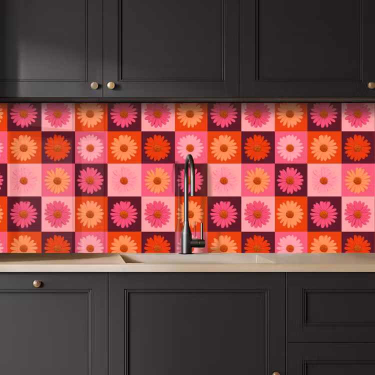 Madeliefjes - Dambord - Retro - Roze - Oranje keuken achterwand 2 middel 871 -sfeer1