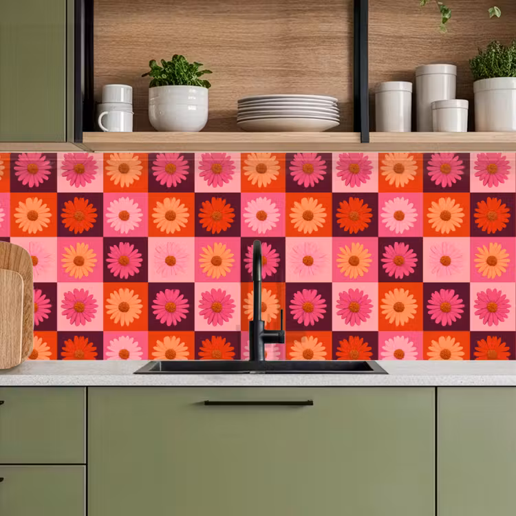 Madeliefjes - Dambord - Retro - Roze - Oranje keuken achterwand 2 middel 871 -sfeer3