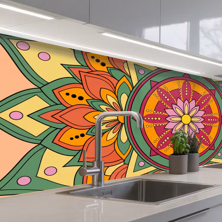 Mandala - Bloemen - Abstract - Kleurrijk keuken achterwand 2 middel -3d_schuin